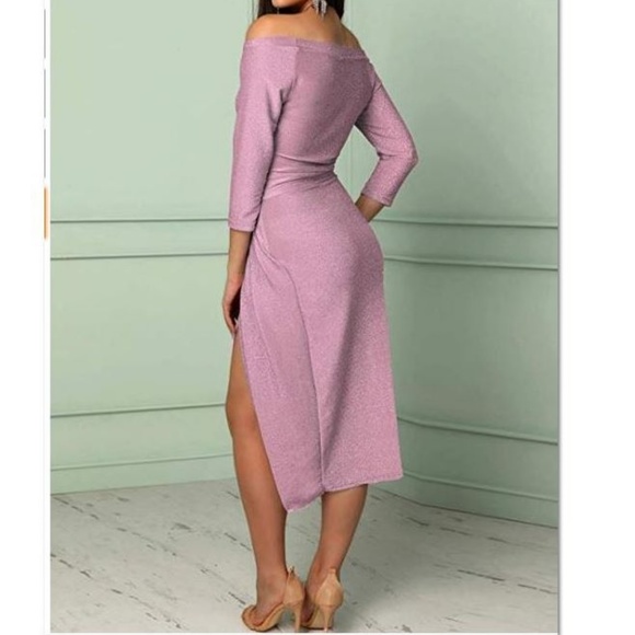 Off Shoulder Ruched Sexy Slit Dress Sz S Rose Pink - Picture 3 of 5